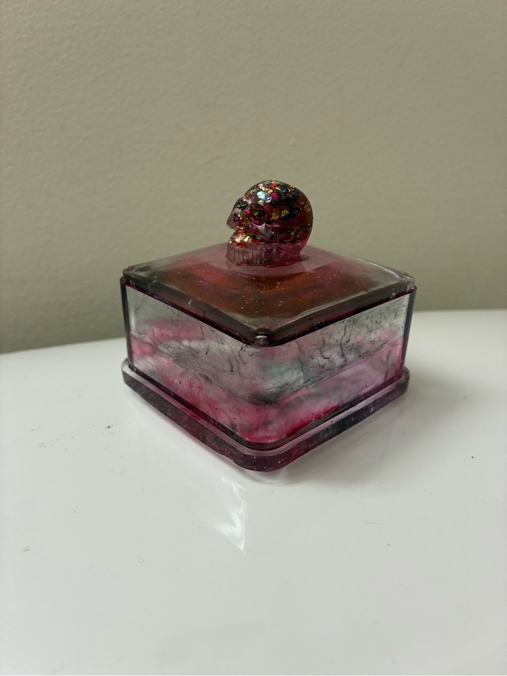 Handcrafted Pink resin Trinket Box with Decorative Skull Lid
